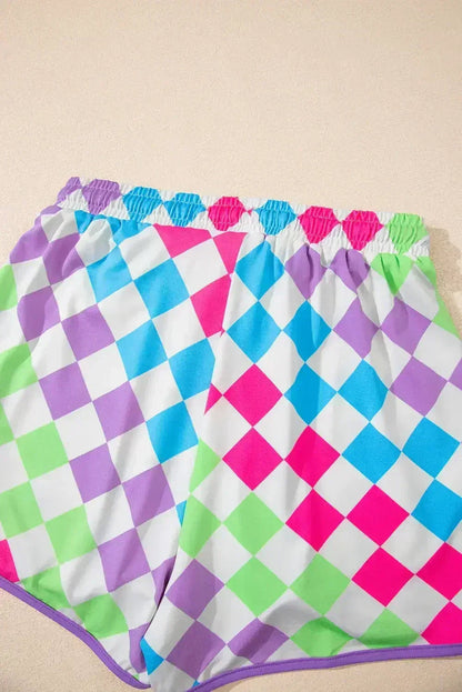 Black Checkered Drawstring Elastic Waist Casual Shorts