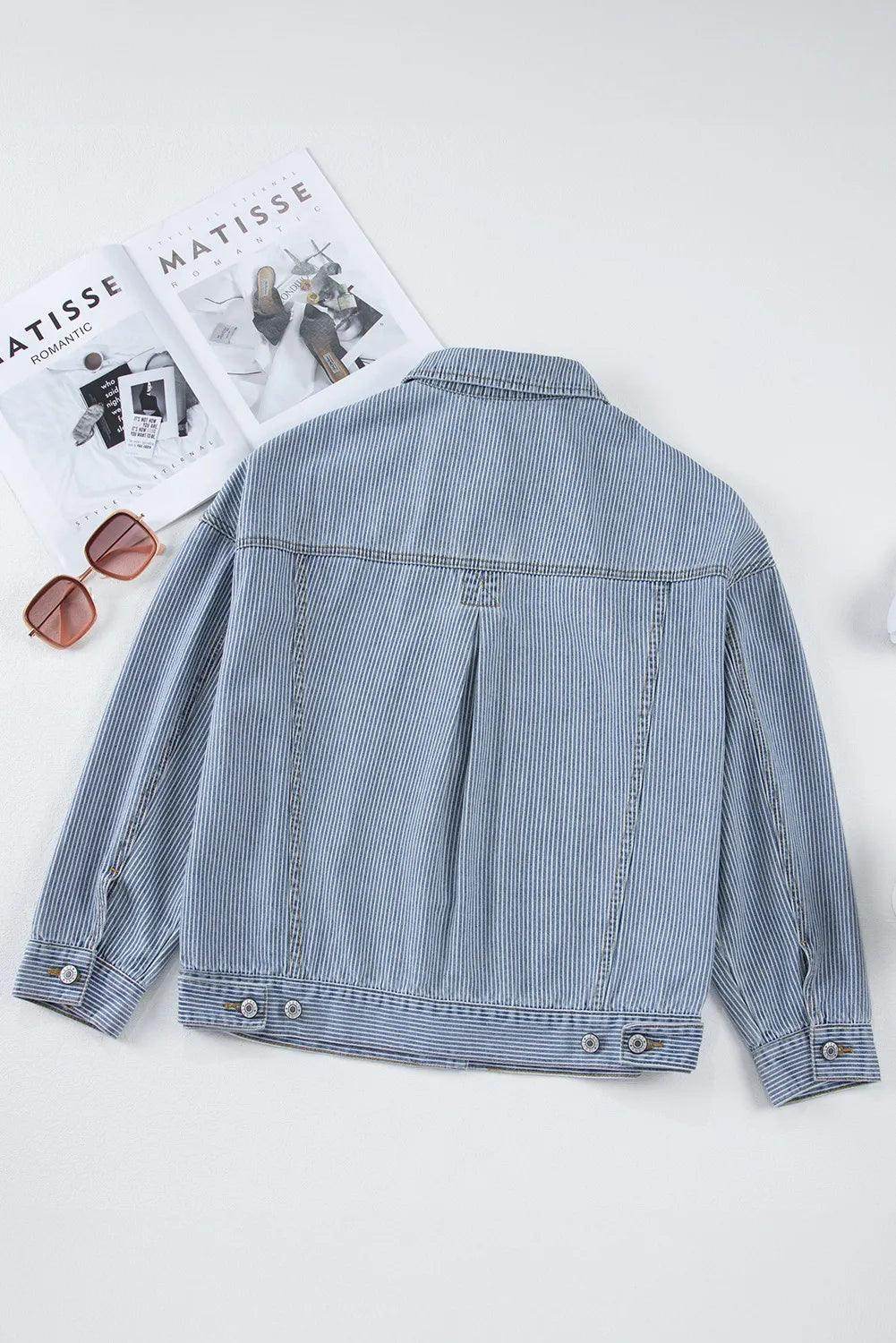 Striped Button Up Long Sleeve Denim Jacket for Women
