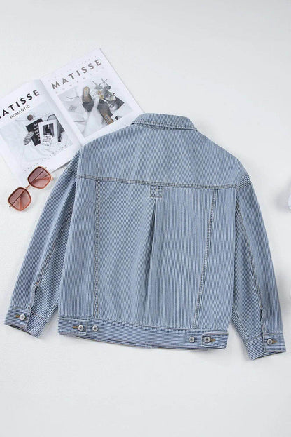 Striped Button Up Long Sleeve Denim Jacket for Women