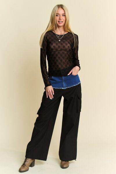 Davi &amp; Dani Bow Mesh Round Neck Long Sleeve Top for Women