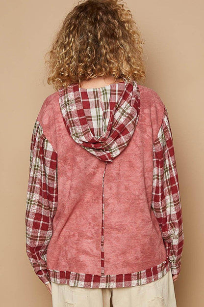 POL Star Patch Plaid Long Sleeve Hooded Top for Women