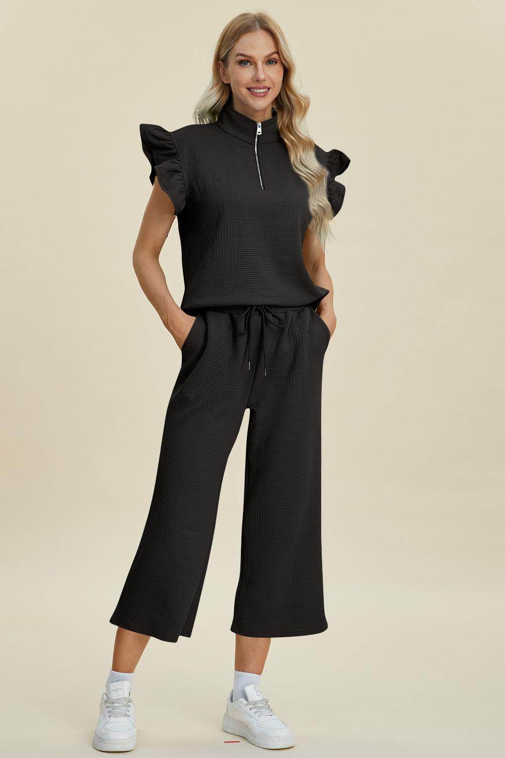 Double Take Full Size Texture Ruffle Top and Pants Set