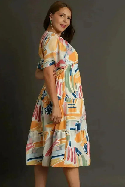 Umgee Abstract Print Midi Dress – Flutter Sleeves &amp; Tiered Frill Detail