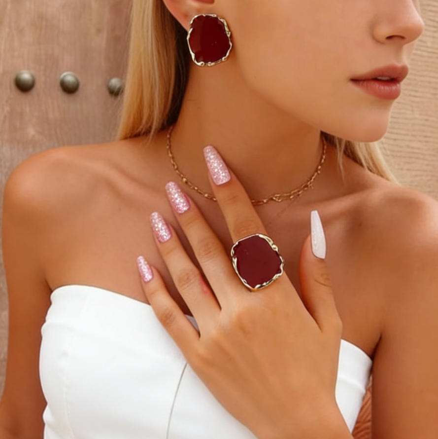 Vintage Irregular Square Red Black Glazed Ring &amp; Earrings Set Women Jewelry