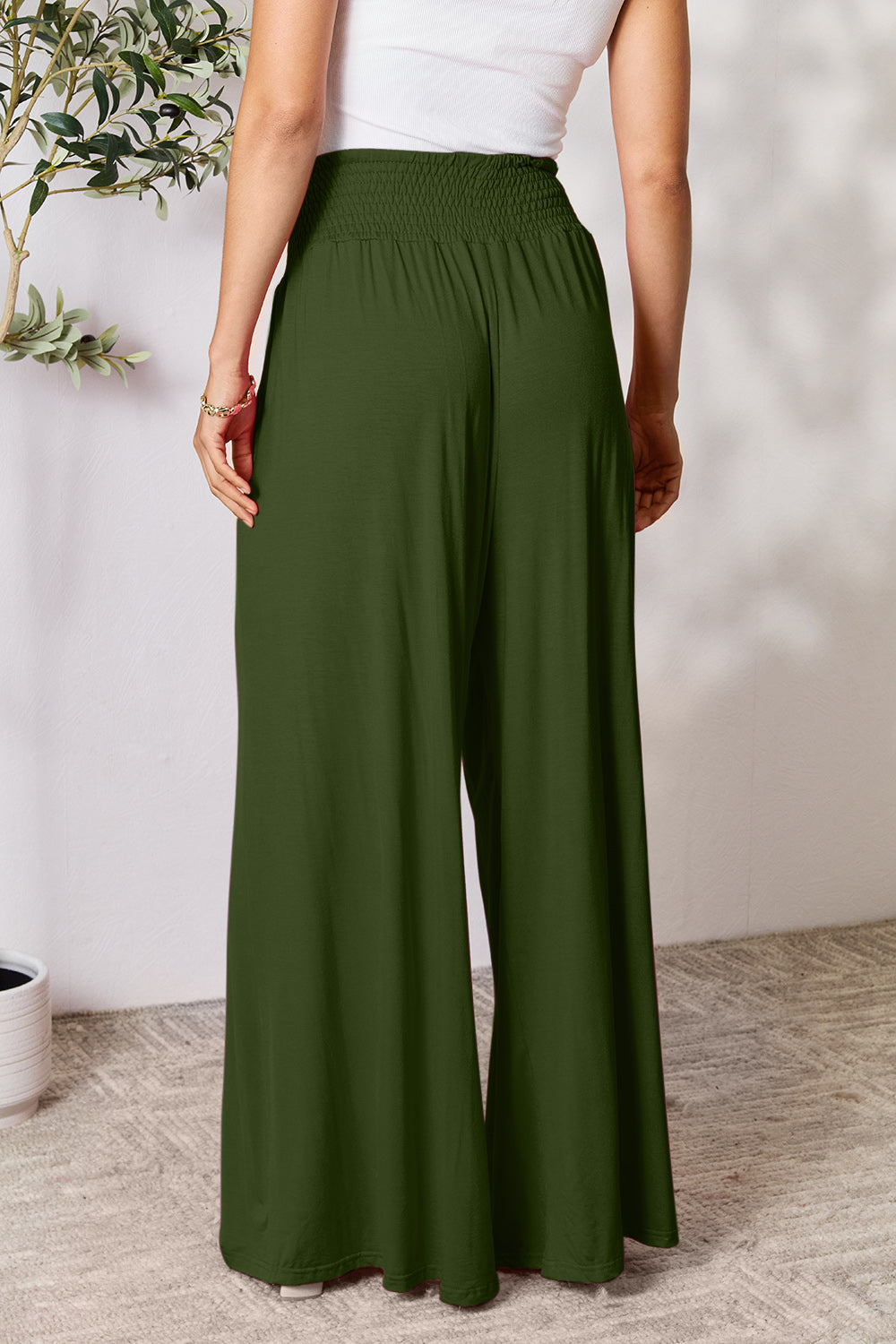 Smocked High-Waist Wide Leg Pants