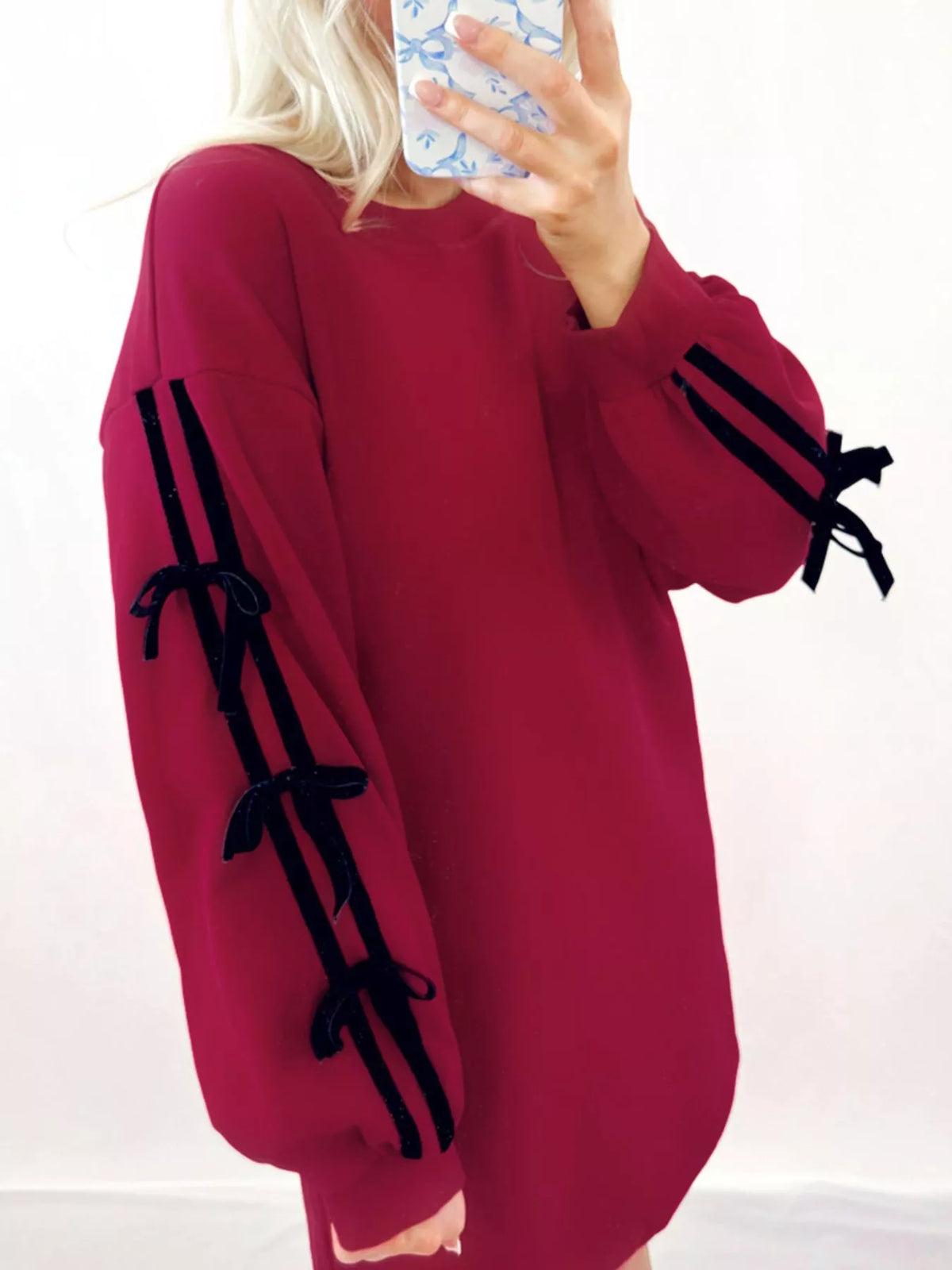 Contrast Striped Bow Detail Drop Shoulder Sweatshirt Dress with Pockets