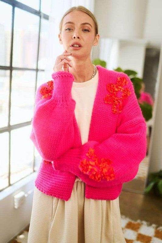 Davi &amp; Dani Floral Applique Open Front Drop Shoulder Cardigan