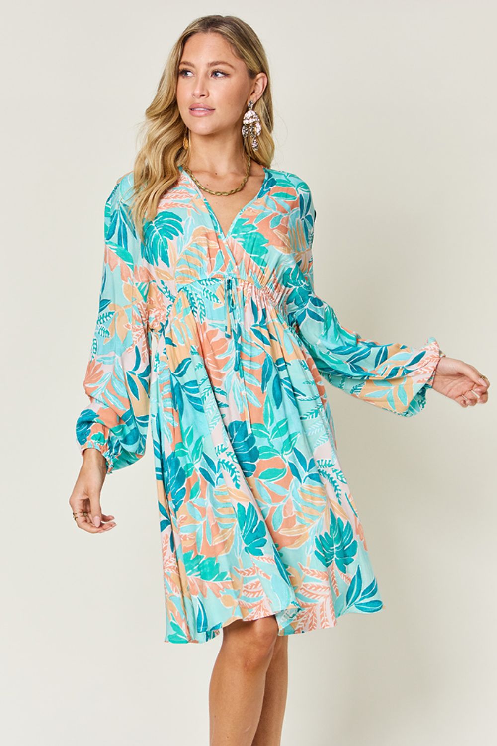 Printed Drawstring V-Neck Dress