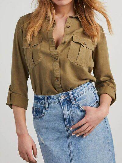Collared Neck Roll-Tab Sleeve Denim Top for Women