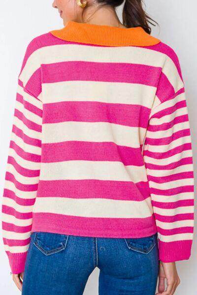 Contrast Stripes Johnny Collar Long Sleeve Sweater for Women