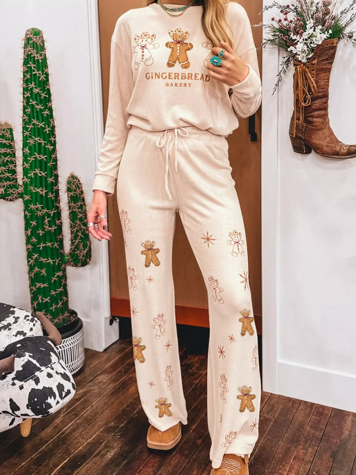 GINGERBREAD BAKERY Christmas Long Sleeve Top and Pants 2pcs Set