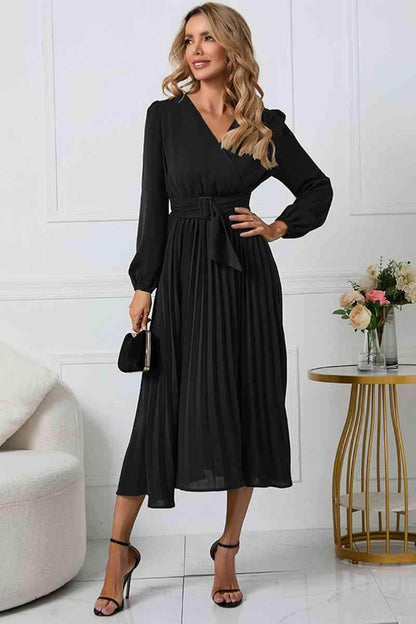 V-Neck Long Sleeve Tie Waist Midi Dress for Women