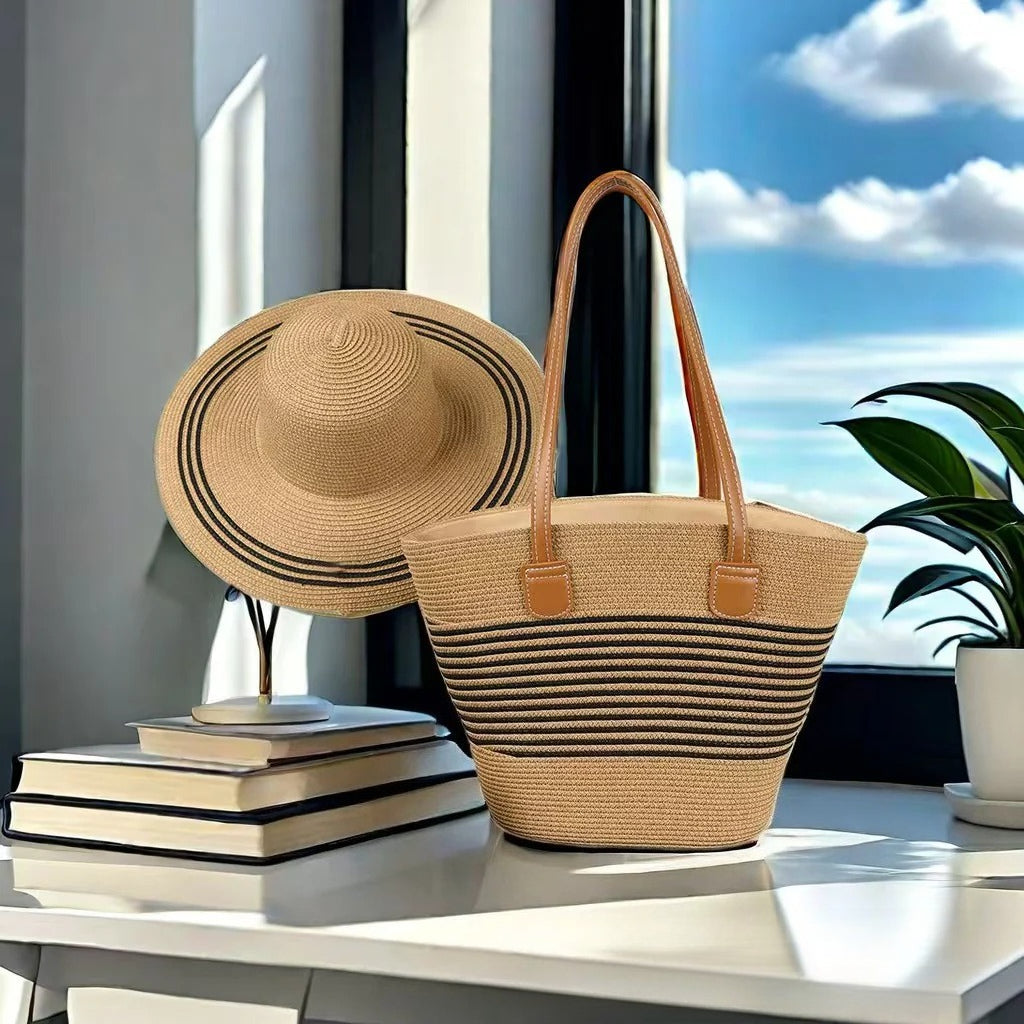 Straw Hat &amp; Tote Set – Beach Vacation Sun Protection Duo, Large Capacity Travel Tote