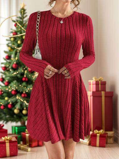 Ribbed Round Neck Long Sleeve Dress for Everyday Style