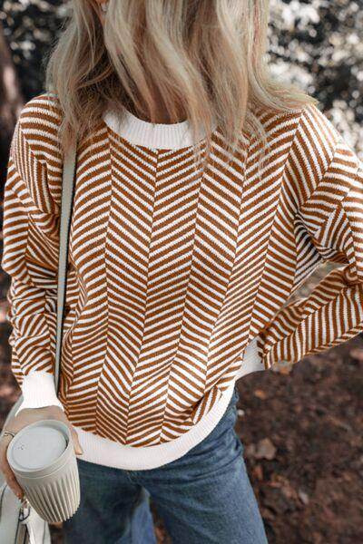 Striped Round Neck Long Sleeve Sweater for Women Fashion
