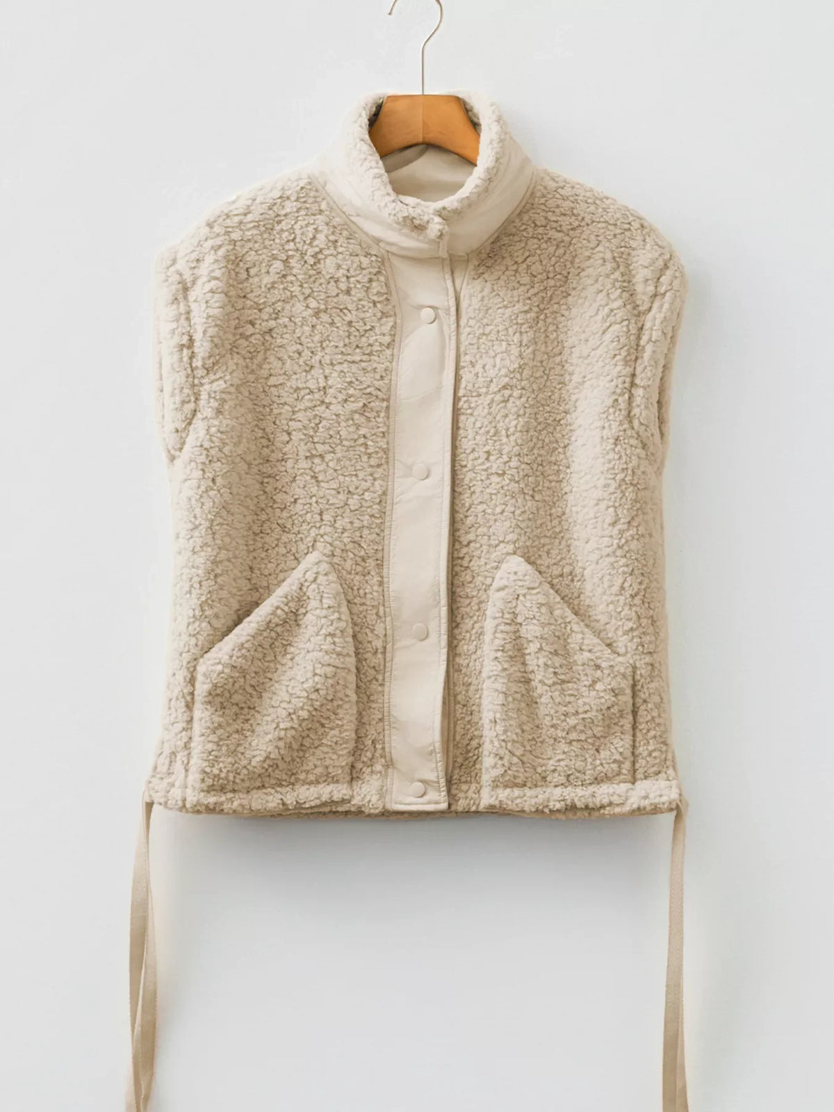 Faux Fur Snap Button Front Knot Side Plush Vest with Pockets