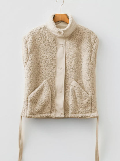 Faux Fur Snap Button Front Knot Side Plush Vest with Pockets