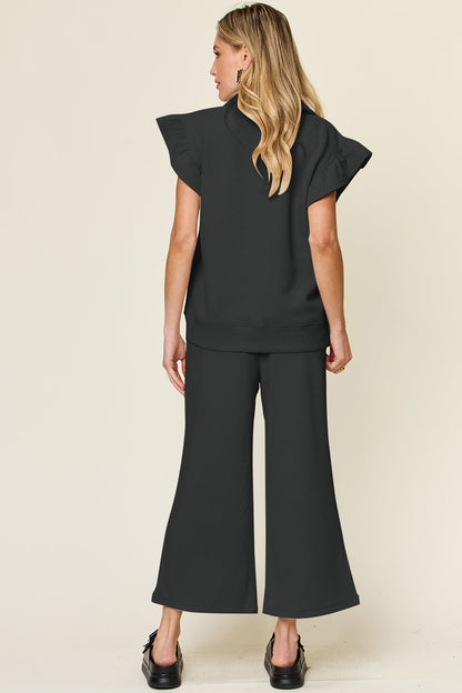Textured Ruffle Top &amp; Drawstring Wide Leg Pants Set
