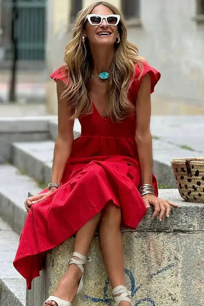 Black V Neck Flutter Sleeve Smocked Bodice High Waist Ruffle Maxi Dress