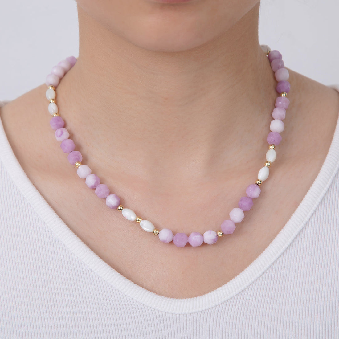 Handmade 18K Gold Filled Shell Pearl Amethyst Gemstone 17 Inch Necklace | WA-092
