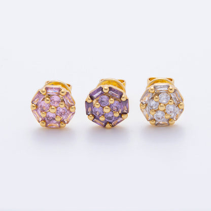 18K Gold Filled 8.8mm Clear, Purple, Pink Micro Paved CZ Baguette Round Stud Earrings | AJ274 AJ204 AJ206