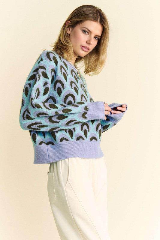 Davi &amp; Dani Scale Jacquard Round Neck Drop Shoulder Sweater