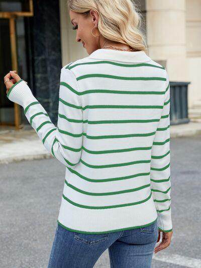 Striped Johnny Collar Long Sleeve Sweater for Women