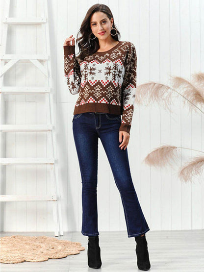 Snowflake Pattern Round Neck Sweater for Cozy Winter Style