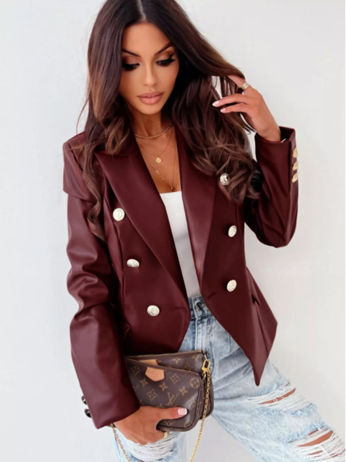 Lapel Collar Leather Blazer
