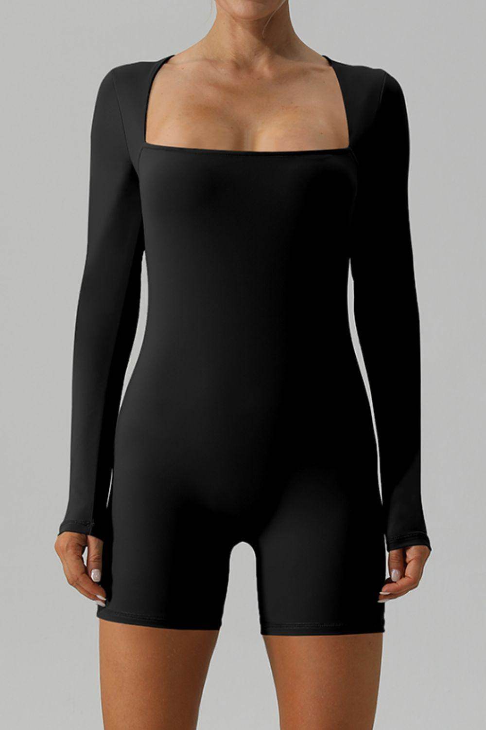 Square Neck Long Sleeve Active Romper for Women Fitness