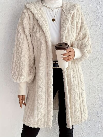 Beige Long Winter Open Front Long Sleeve Fuzzy Hooded Jacket Cozy &amp; Stylish Outerwear