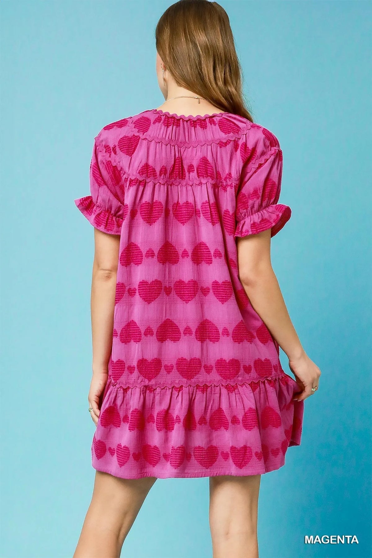 Umgee Heart Pattern Short Sleeve Ruffle Babydoll Dress