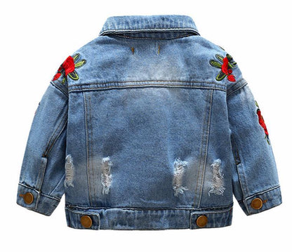 Modern Luxury Baby Girls Outerwear Jeans Coat Ripped Embroidery Jackets For Girls With Roses