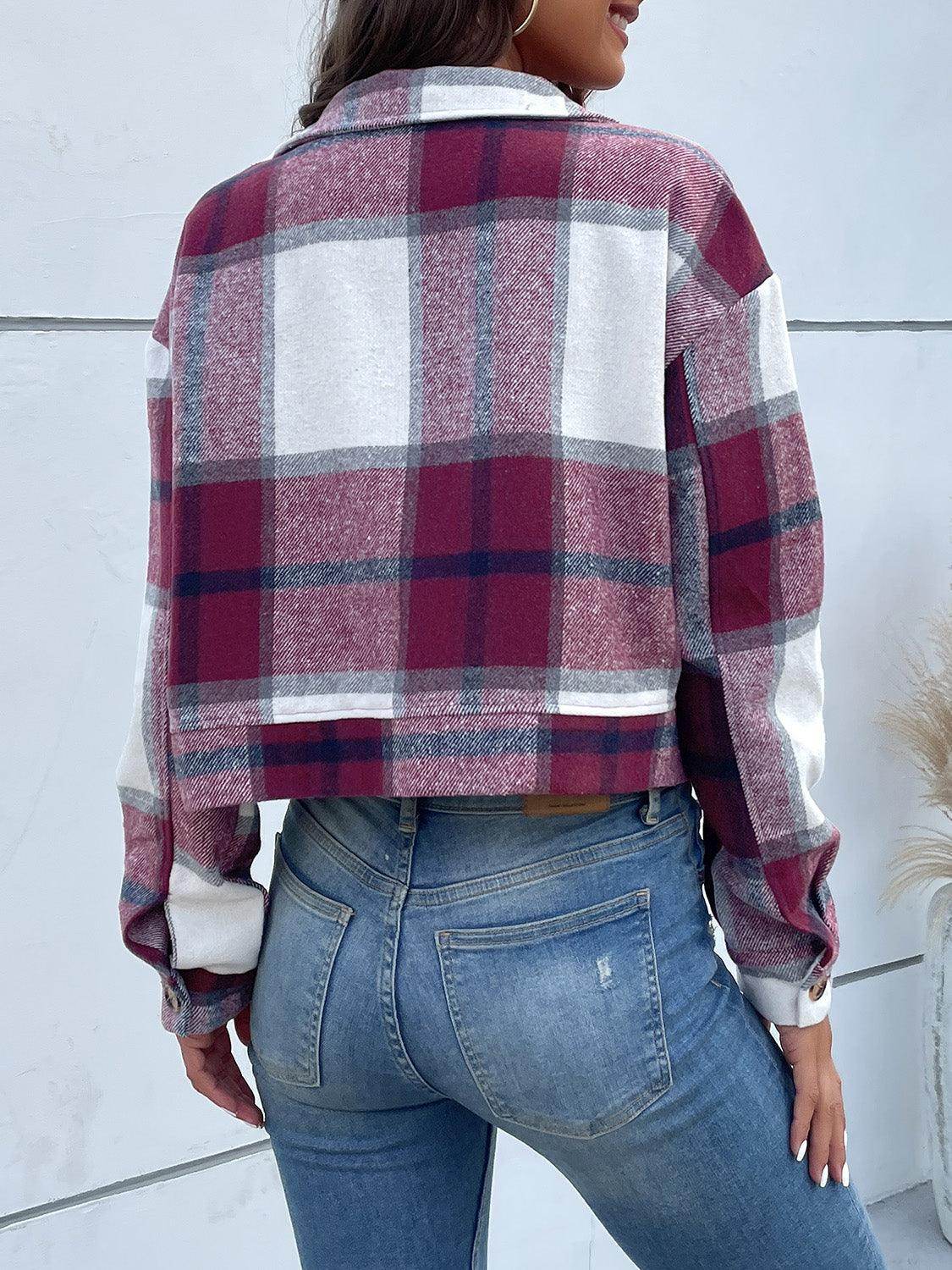 Perfee Plaid Button Up Drop Shoulder Cropped Jacket for Women