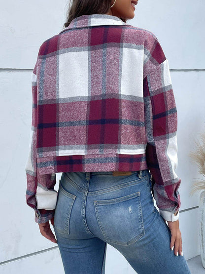 Perfee Plaid Button Up Drop Shoulder Cropped Jacket for Women