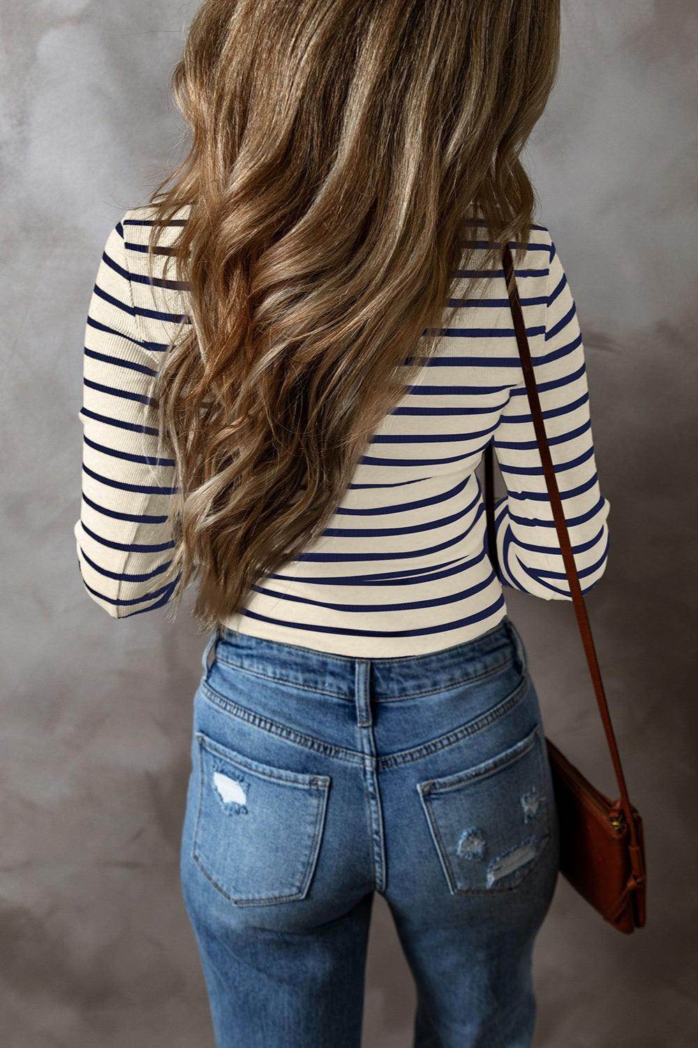 Striped V-Neck Long Sleeve Top for Women Casual Wear