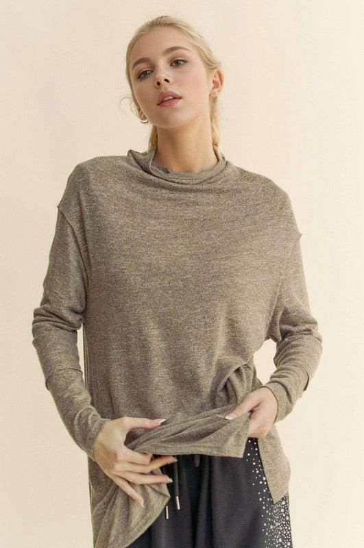 Davi &amp; Dani Slit Mock Neck Long Sleeve Top for Women