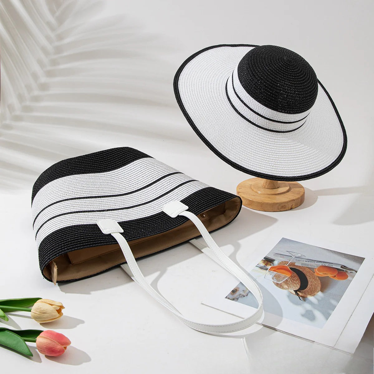 Straw Hat &amp; Tote Set – Beach Vacation Sun Protection Duo, Large Capacity Travel Tote