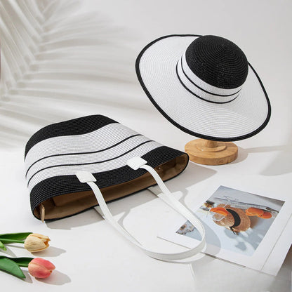 Straw Hat &amp; Tote Set – Beach Vacation Sun Protection Duo, Large Capacity Travel Tote