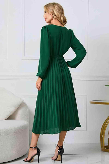 V-Neck Long Sleeve Tie Waist Midi Dress for Women