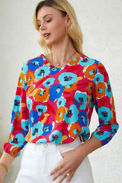 Floral Print V Neck Blouse - 3/4 Sleeve &amp; Non-Stretch | Femstylo