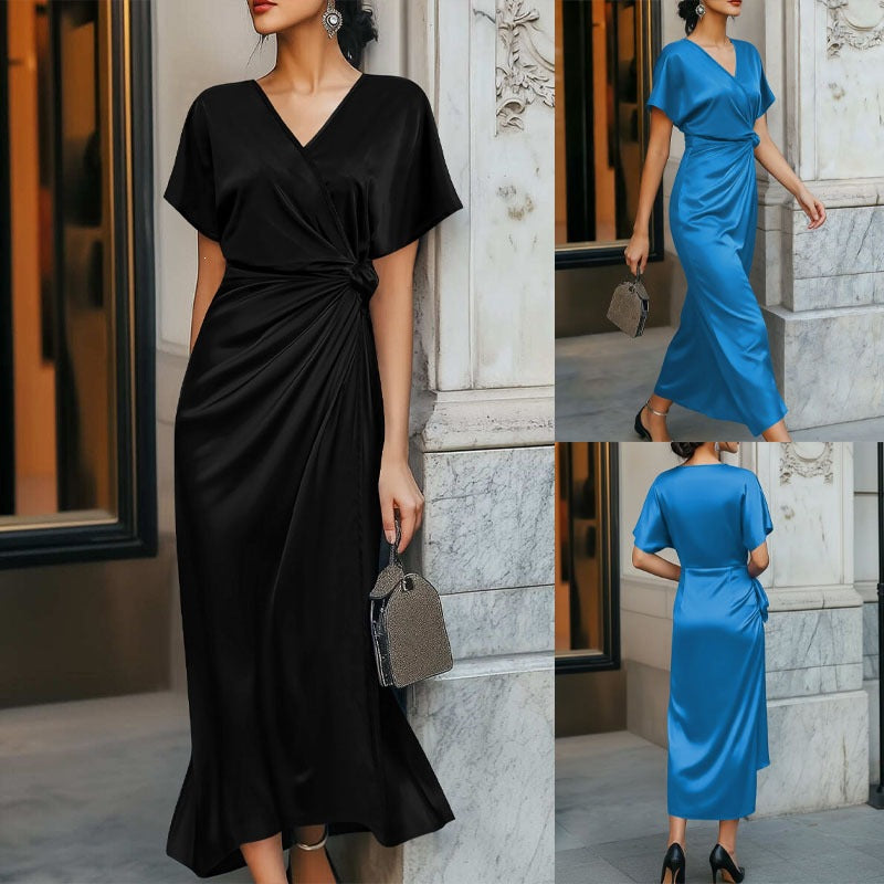 Independent Site European And American Cross-border Satin V-neck Tea Dress Elegant And Stylish With Tie Waist Women&