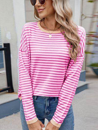 Striped Contrast Round Neck Long Sleeve Sweater for Women