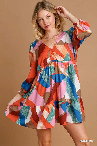Umgee Abstract V-Neck Tiered Printed Dress