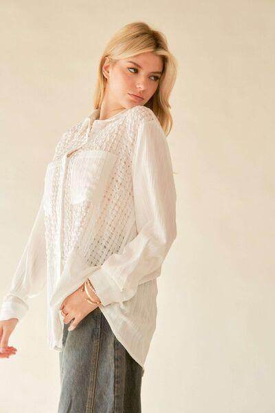 Davi &amp; Dani Crinkled Jacquard Button Down Shirt for Women