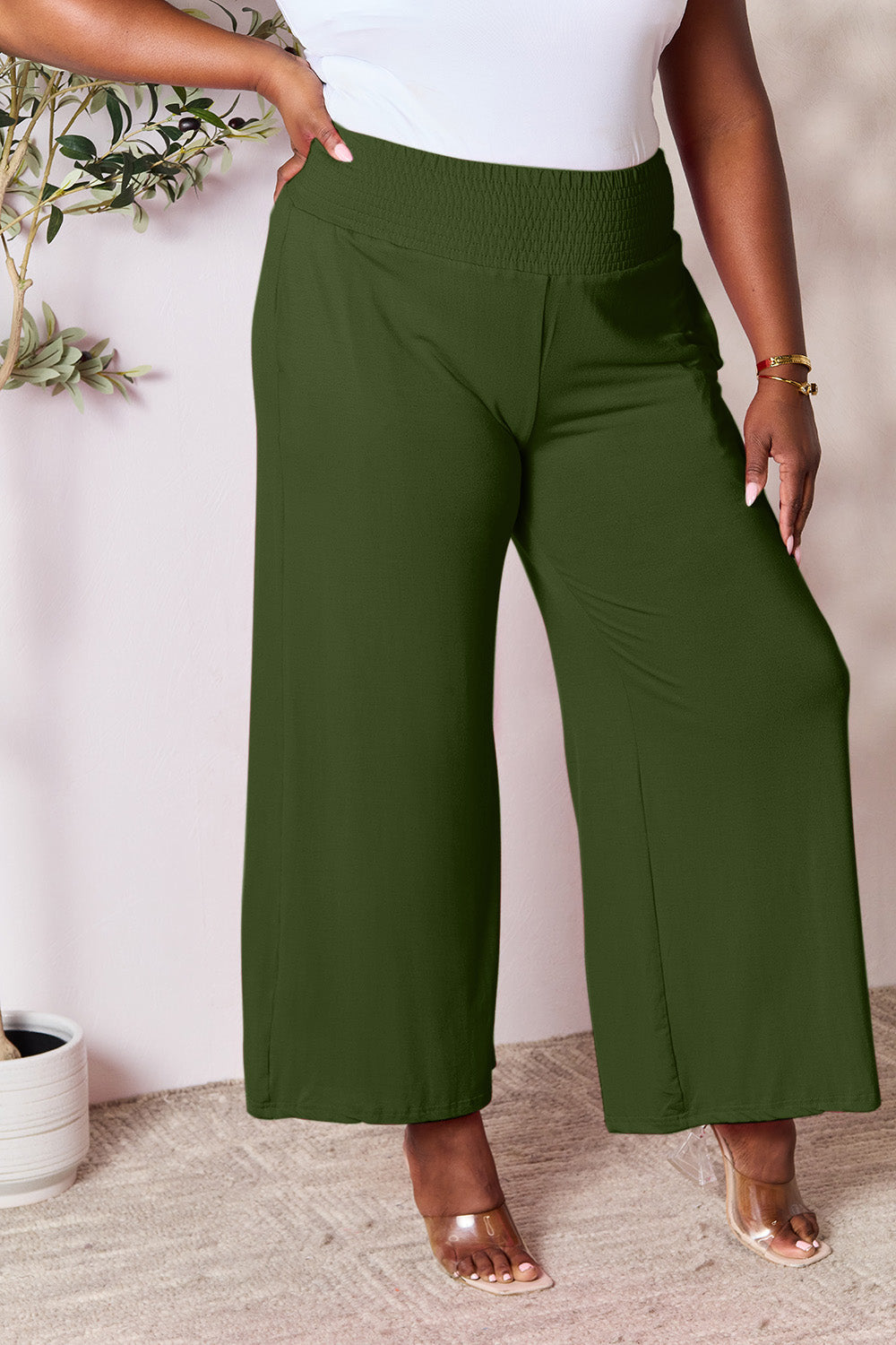 Smocked High-Waist Wide Leg Pants