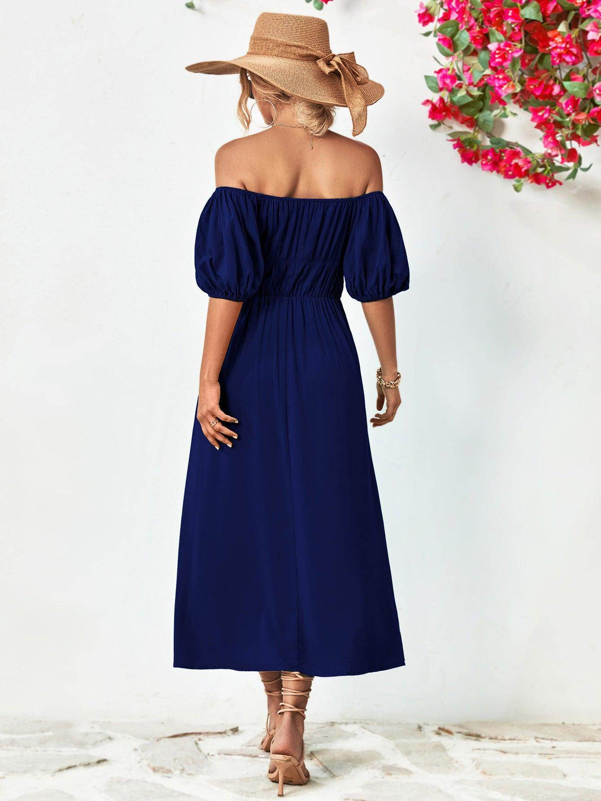 Off-Shoulder Balloon Sleeve Midi Dress for Chic Style