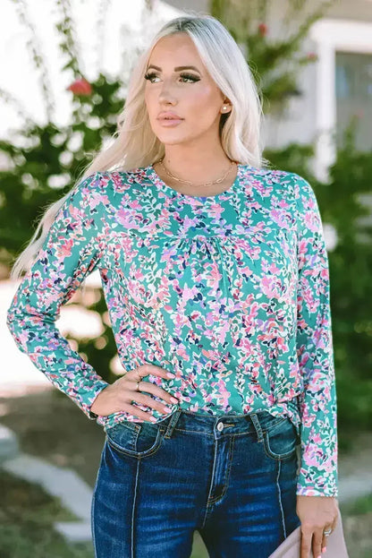 Green Floral Pleated Blouse - Relaxed Long Sleeve Top | Femstylo