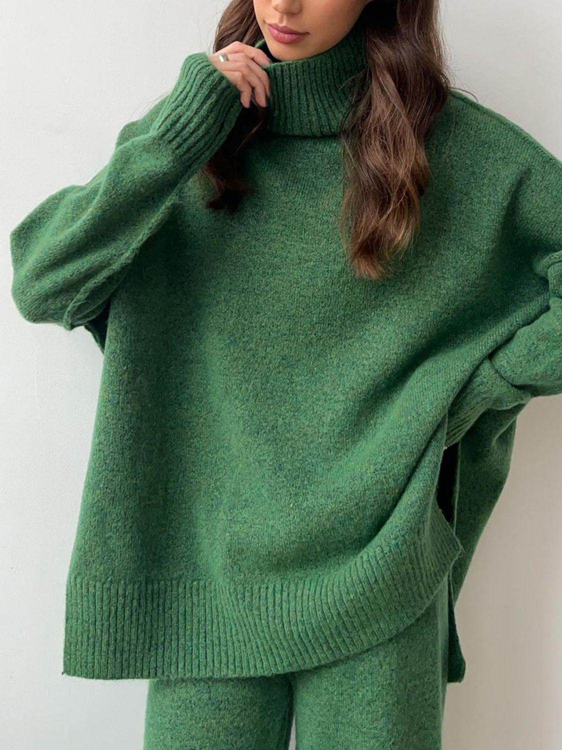 Slit Turtleneck Long Sleeve Top and Pants Sweater Set Outfit