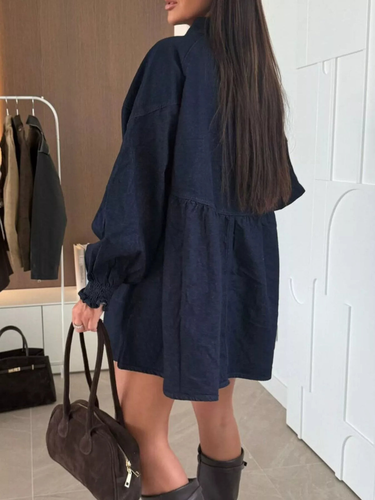 Button Down Mini Denim Dress with Front Pockets